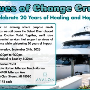 Flyer for Avalon Healing Center Anniversary Cruise depicting the Ovation Yacht and information on when, where, and cost.