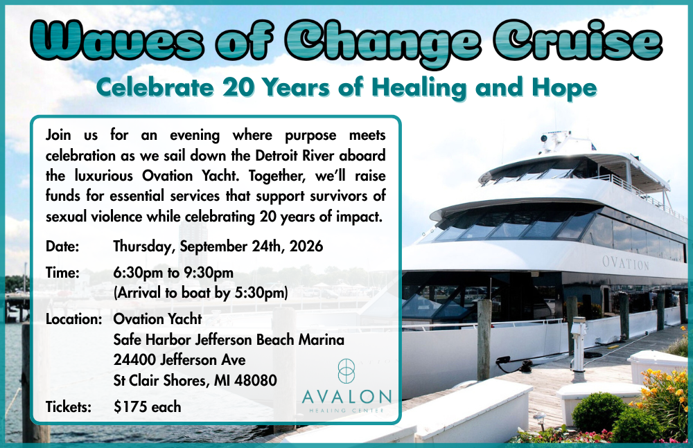 Flyer for Avalon Healing Center Anniversary Cruise depicting the Ovation Yacht and information on when, where, and cost.